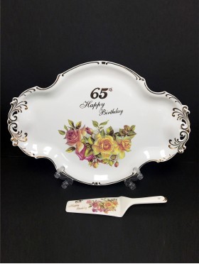Porcelain Roses "65th Happy Birthday" Plate with Server With Gift Box